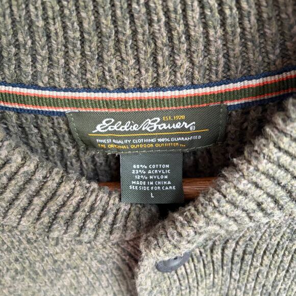 Eddie Bauer Fisherman's Olive Green Knit Sweater Men's Large Pullover Button - Picture 5 of 6